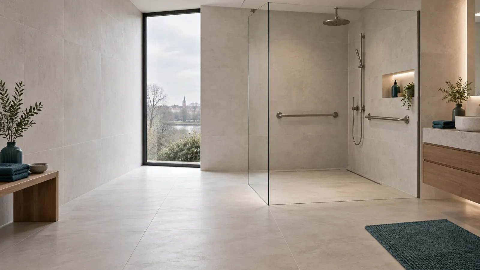 Douche extra-plate avec barres d’appui, illustration 3D